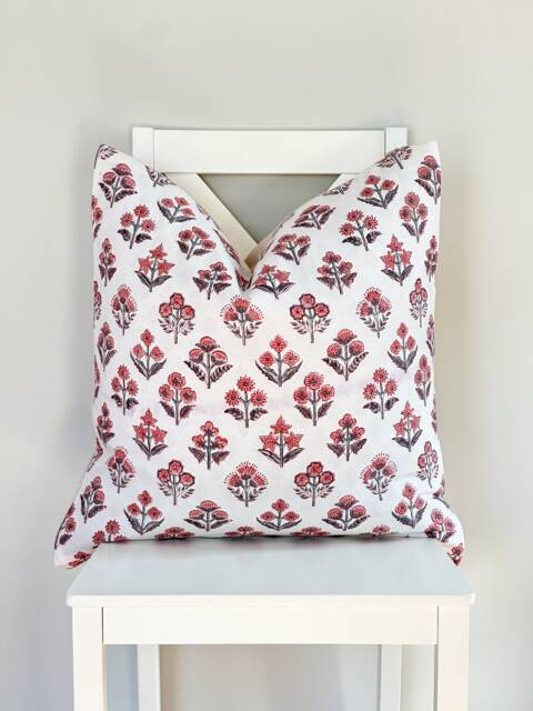 "Block Print Flower Pillow Cover Boho Farmhouse Decor - 20"" X 20" - image 1