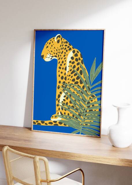 Blue Retro Leopard Print - Art, Bright Bold, Cheetah, Colourful Tropical Poster, Kids Jungle Bedroom, Bathroom Boho - image 1