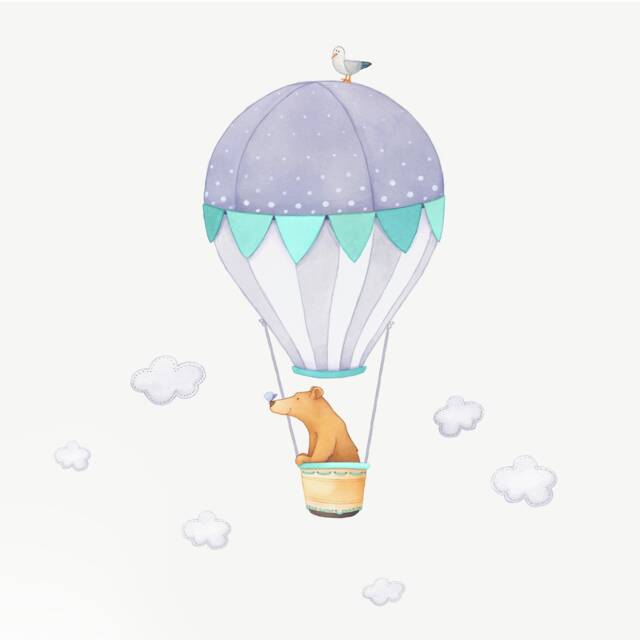 Fabric Wall Decal, Bear Balloon Nursery, Toddler Watercolour Room Decor, Hot Air Balloon, Animal Stickers - image 1