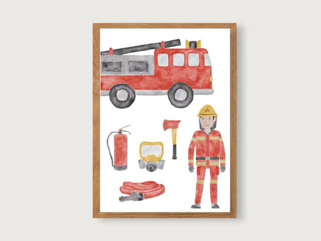 Poster Fire Brigade A3 - Print Children's Poster Art Printing Room Child Young Illustration Vehicles Excavator -- Heart & Paper - image 1