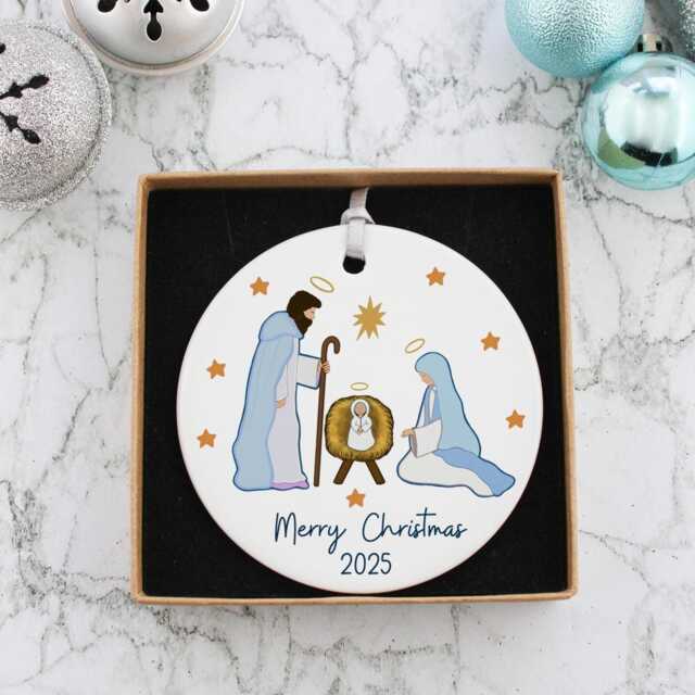 Personalised Ceramic Nativity Scene, Blue Christmas Tree Ornament - Religious Gift - image 1