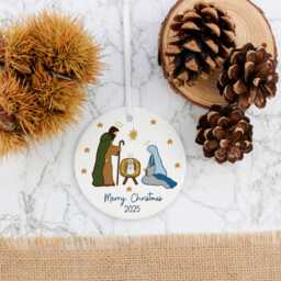 Personalised Ceramic Nativity Scene, Blue Christmas Tree Ornament - Religious Gift - thumbnail 4