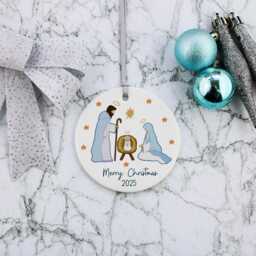 Personalised Ceramic Nativity Scene, Blue Christmas Tree Ornament - Religious Gift - thumbnail 2