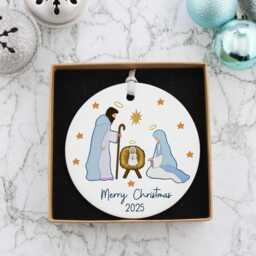 Personalised Ceramic Nativity Scene, Blue Christmas Tree Ornament - Religious Gift - thumbnail 1