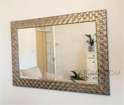 Mosaic Design Wood Frame Champagne Colour Wall Mirror Antique Silver Finish Bevelled Edge Glass Hand Finished Rectangular Made in UK