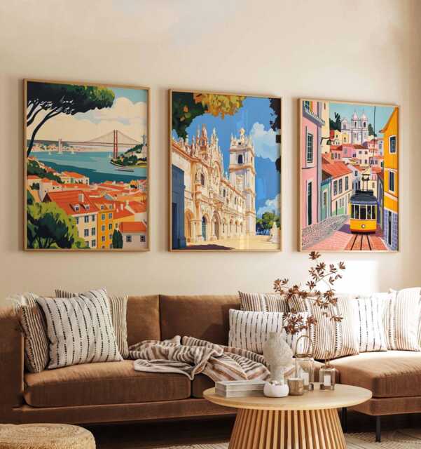 Set Of 3 Lisbon Posters, Portugal Travel Prints, Portuguese City Wall Art Set, European Capital Decor, Cityscape Prints - image 1