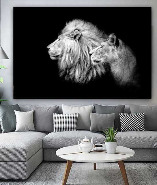 Lion & Lioness Canvas Print King & Queen Black White Wall Art