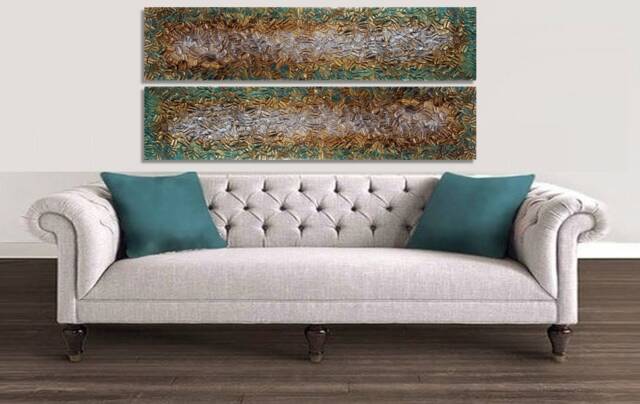 Original 2 Pieces - Set Of 2 Abstract Oil Painting. Abstract Heavy Textures Colored Painting On Canvas. Extra Large House Wall Art - image 1