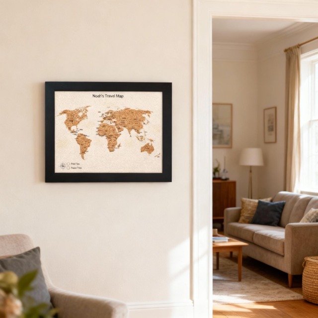 Personalised World Travel Map - Framed Cork Of The With Coloured Pins Included, Optional Custom Name, Wall Art, Gift For Travelers - image 1
