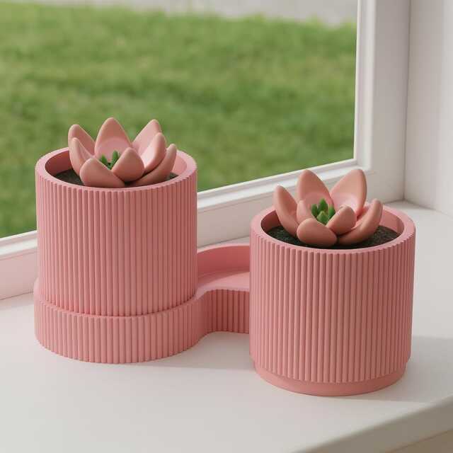 Dual Plant Pot Ribbed Olive Green Planter, Eco-Friendly Desk D??cor Succulent Holder. Lobelia - image 1