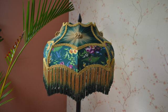 Hand-stitched Silk Lampshade Victorian Green Secret Garden Print With Fringe - image 1