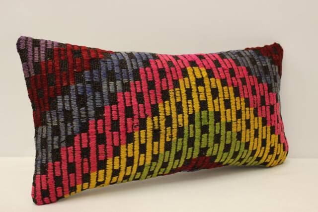 Vintage Turkish Kilim Pillow Cover, Wool Lumbar Cushion - 10x20 - image 1