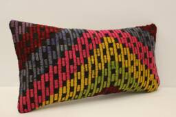 Vintage Turkish Kilim Pillow Cover, Wool Lumbar Cushion - 10x20 - thumbnail 1