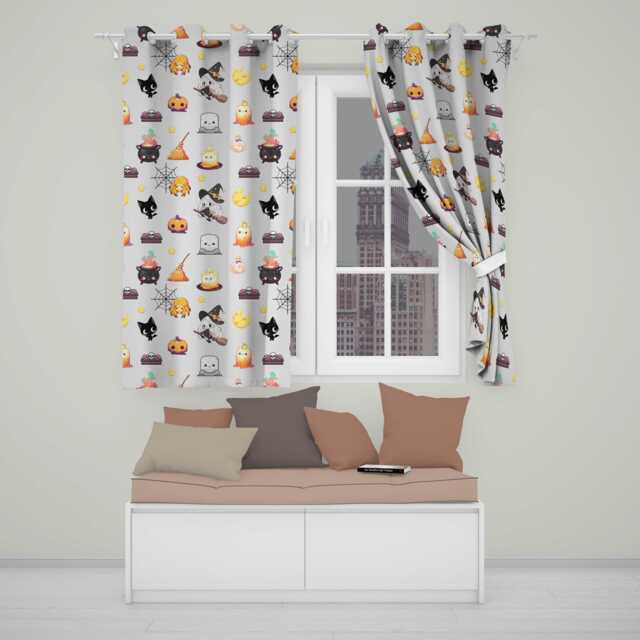 Cute Kawaii Halloween Witch Pumpkin Spider Seamless Pattern Cream Background Readymade Eyelet Ring Top Thermal 100% Blackout Curtains - image 1