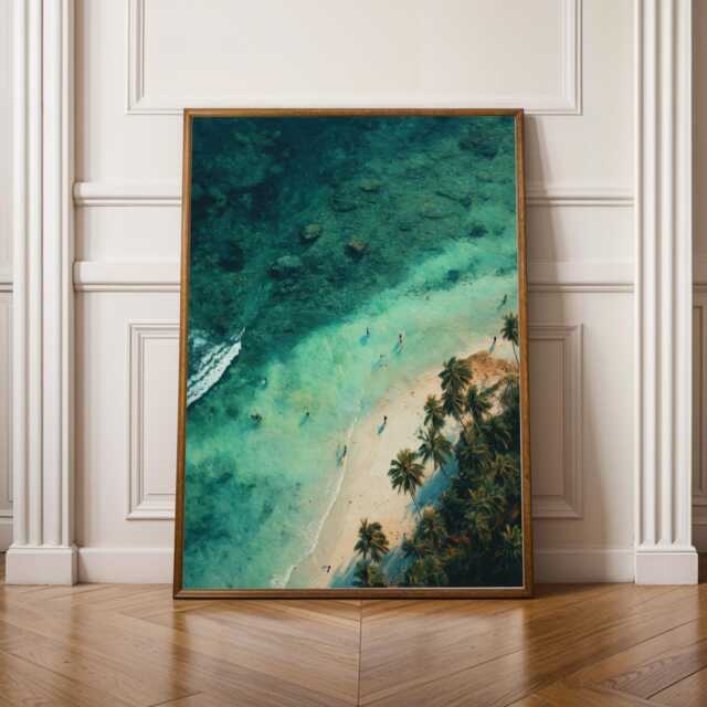 Tropical Beach Art Print, Coastal Wall Decor, Ocean Poster With Palm Trees, Aerial Seascape Painting For House, Physical Print - image 1