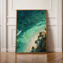 Tropical Beach Art Print, Coastal Wall Decor, Ocean Poster With Palm Trees, Aerial Seascape Painting For House, Physical Print - thumbnail 1
