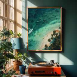 Tropical Beach Art Print, Coastal Wall Decor, Ocean Poster With Palm Trees, Aerial Seascape Painting For House, Physical Print - thumbnail 3