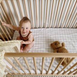 Light Blue Linen Crib Sheet Neutral Baby Bedding Grid - Custom Made in Usa Cotton Linen Nestig Wave Cloud - thumbnail 2