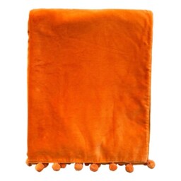 Orange Cotton Velvet Throw, Pom Trim - thumbnail 2