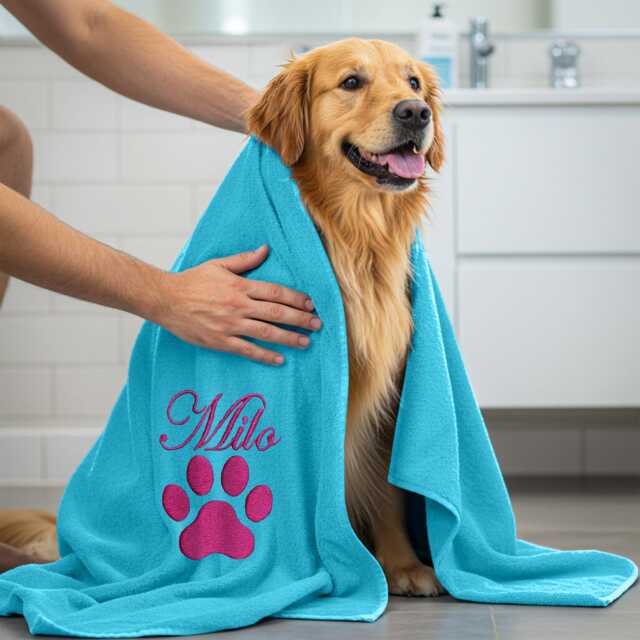 Personalised Pet Towel - Custom Dog With Embroidered Name & Paw Print Soft & Absorbent Drying For Dogs, Cats Pets - image 1