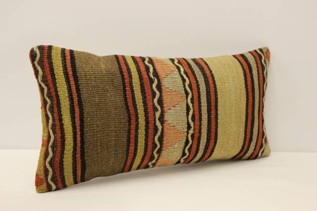 Vintage Turkish Kilim Lumbar Pillow, Handwoven Wool Cushion - 10x20 In - image 1