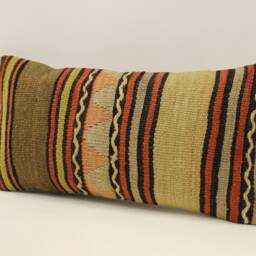 Vintage Turkish Kilim Lumbar Pillow, Handwoven Wool Cushion - 10x20 In - thumbnail 3