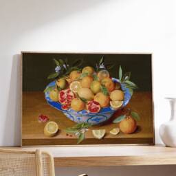 Dish With Citrus Fruit Painting Print, Still Life Lemons, Oranges, & Pomegranate Kitchen Wall Decor, Colorful Poster, Food Canvas - thumbnail 2