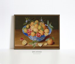 Dish With Citrus Fruit Painting Print, Still Life Lemons, Oranges, & Pomegranate Kitchen Wall Decor, Colorful Poster, Food Canvas - thumbnail 1