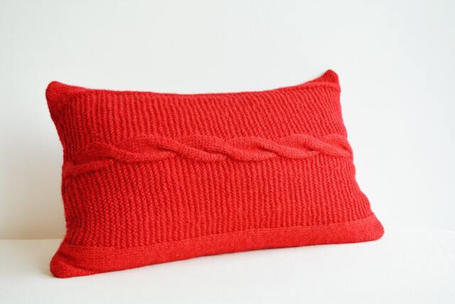 Red Hand Knitted Lumbar Pillow With Mother Of Pearl Buttons , Christmas Decor Holiday Warm Cozy Cable Knit Cushion Cover - image 1