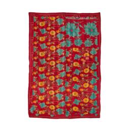 Sale Kantha Throw - Shades Of Brown Foliage & Turquoise, Yellow Orange Flowers On Background Red Stripes Vintage Textile - thumbnail 2
