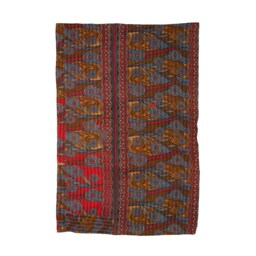 Sale Kantha Throw - Shades Of Brown Foliage & Turquoise, Yellow Orange Flowers On Background Red Stripes Vintage Textile - thumbnail 3