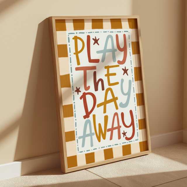Colourful Play The Day Away Print, Checkered Pattern Children's Prints, Kids Retro Bedroom Playroom, Scandi Nursery Decor - image 1