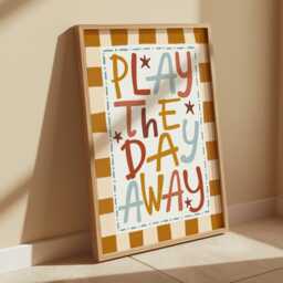 Colourful Play The Day Away Print, Checkered Pattern Children's Prints, Kids Retro Bedroom Playroom, Scandi Nursery Decor - thumbnail 1