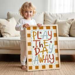Colourful Play The Day Away Print, Checkered Pattern Children's Prints, Kids Retro Bedroom Playroom, Scandi Nursery Decor - thumbnail 3