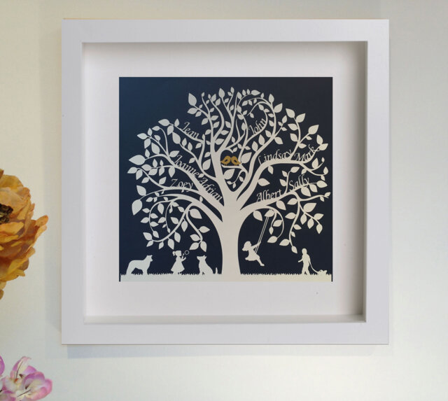 Paper Cut Family Tree - Personalised Picture, With Gold Doves, Hobbies & Special Pets - image 1