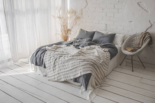 Natural Linen Throw Blanket With White & Natural Stripes. Softened Summer Blanket, Heavier Weight Stonewashed Blanket - image 1