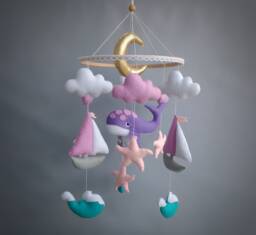 Whale Baby Mobile Felt Ocean Nursery Decor - thumbnail 1