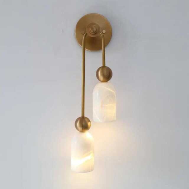 Alabaster Stone Brass Wall Sconce, Double Light, Mid Century Modern Lamp, Luxury Bathroom Vanity Light - image 1