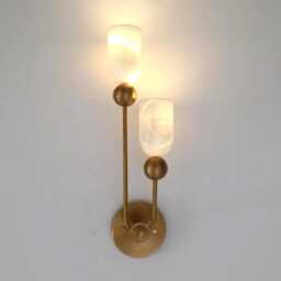 Alabaster Stone Brass Wall Sconce, Double Light, Mid Century Modern Lamp, Luxury Bathroom Vanity Light - thumbnail 2