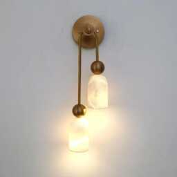 Alabaster Stone Brass Wall Sconce, Double Light, Mid Century Modern Lamp, Luxury Bathroom Vanity Light - thumbnail 3