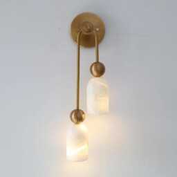 Alabaster Stone Brass Wall Sconce, Double Light, Mid Century Modern Lamp, Luxury Bathroom Vanity Light - thumbnail 1