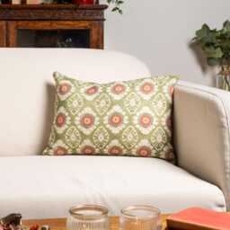 Mandala Motif Linen Print Boudoir Cushion Cover in Green. Linen-Blend Indian Block-Print Design Sage Green, Burnt Orange & Ivory. 17x12