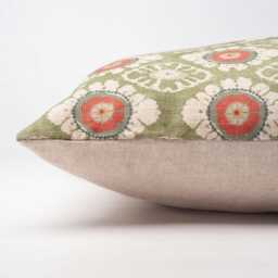 Mandala Motif Linen Print Boudoir Cushion Cover in Green. Linen-Blend Indian Block-Print Design Sage Green, Burnt Orange & Ivory. 17x12 - thumbnail 3