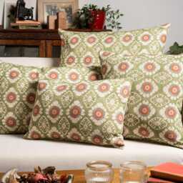 Mandala Motif Linen Print Boudoir Cushion Cover in Green. Linen-Blend Indian Block-Print Design Sage Green, Burnt Orange & Ivory. 17x12 - thumbnail 2