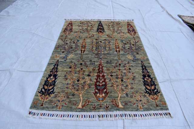 Handmade Afghan Wool Rug Tree Of Life Oriental Carpet - 4.10x3.3 Ft - image 1