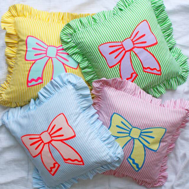 stripe Bow Frill Cushion Pillow, Screen Printed Cushion, Bright Decor - image 1