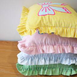 stripe Bow Frill Cushion Pillow, Screen Printed Cushion, Bright Decor - thumbnail 2