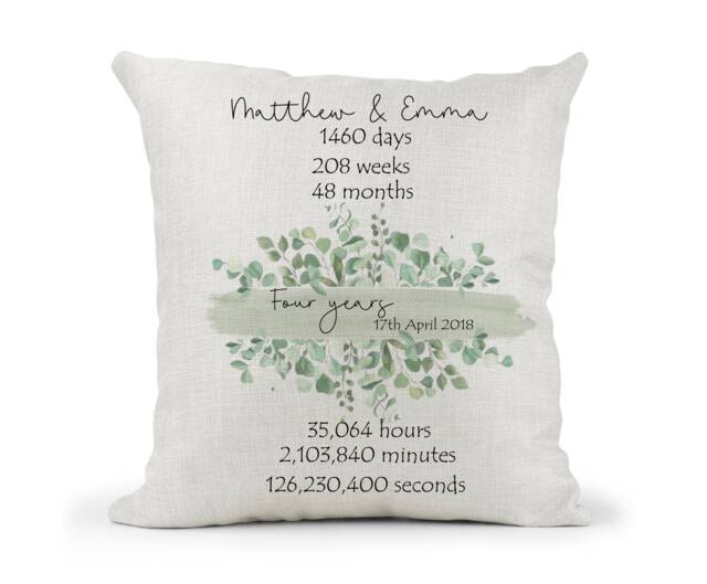 Personalised Green Floral Eucalyptus 4Th Anniversary Cream Canvas Cushion, Home Decor, Wedding, 4 Years, Mum Dad, Days Months, Hours, Mins - image 1