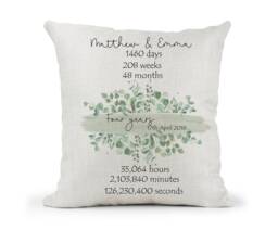 Personalised Green Floral Eucalyptus 4Th Anniversary Cream Canvas Cushion, Home Decor, Wedding, 4 Years, Mum Dad, Days Months, Hours, Mins - thumbnail 1