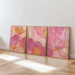 Pink Floral Wall Art Prints Set Of 3, Modern Botanical Posters, Vibrant Flower Artwork For Living Room, Bedroom Or Contemporary Home Decor - thumbnail 1